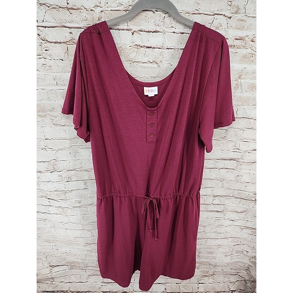 LULAROE Short Sleeve Button Front Jumpsuit Romper Large Tie Waist Pockets